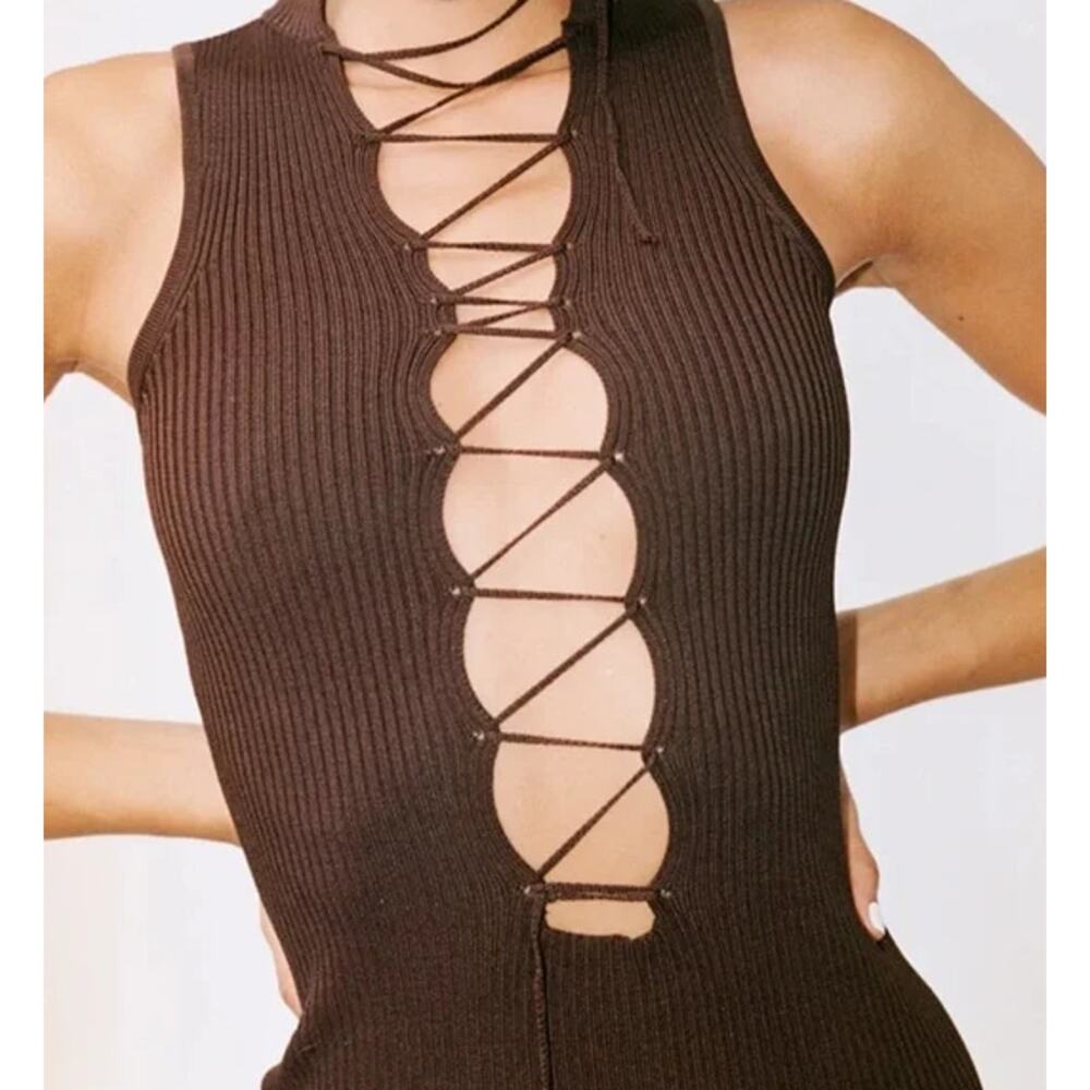 With Jean Amethyst Mini Dress Ribbed Lace Up Mock Neck Sleeveless Bodycon Brown - Picture 4 of 13